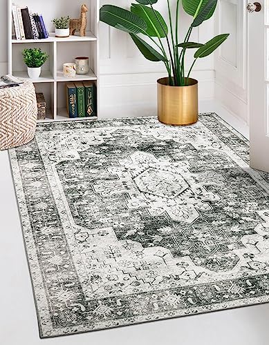 Moynesa Ultra-Thin Washable Area Rug - 5x7 Large Gray Rug for Living Room Vintage Rugs for Bedroom, Non Slip Non Shedding Pet Friendly Dining Room Mat Carpet for Department Office Kitchen by Moynesa
