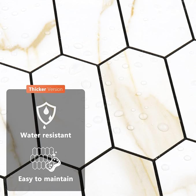 Vamos Tile Long Hexagon Peel and Stick Backsplash Tile - 10 Sheets Stick on Backsplash for Kitchen and Bathroom 12.4 x 12 Inch Calacatta Gold PVC Self Adhesive Mosaic Wall Tiles - Image 7