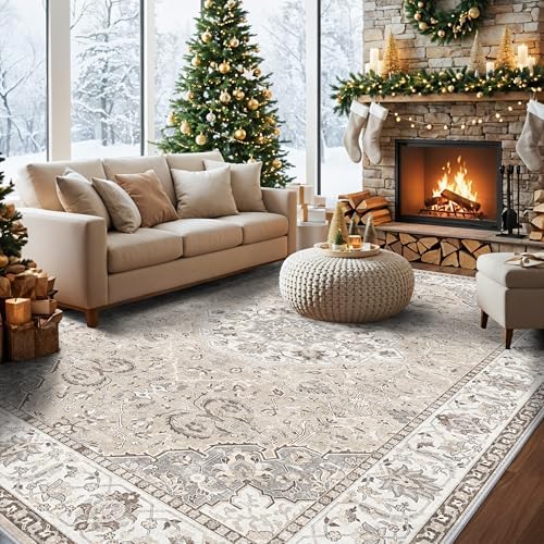 10x14 Washable Vintage Area Rug - Large Rugs for Living Room Soft Stain Resistant Carpet with Non-Slip Backing Low Pile Water Resistant Rug for King Size Bed Pet Friendly Home Decor Mat(10x14 Beige) by HYHAOYUNLAI