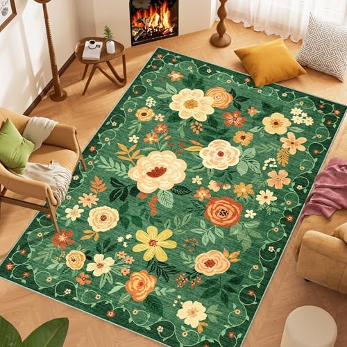 DUKINO 6x9 Area Rugs, Floral Washable Rug for Bedroom Non Slip, Dark Green - Image 3