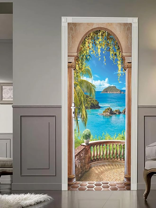 artfanke 3D Balcony Arch Seascape Peel and Stick Door Sticker 30.3"x78.7",Self-Adhesive Door Wall Murals Wallpaper Decal for Living Room Bedroom Decor (2 Sheets/Set) - Image 7