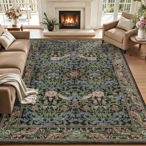5x7 Area Rug Living Room: Soft Floral Washable Carpet Brown Green by EXPEDIX