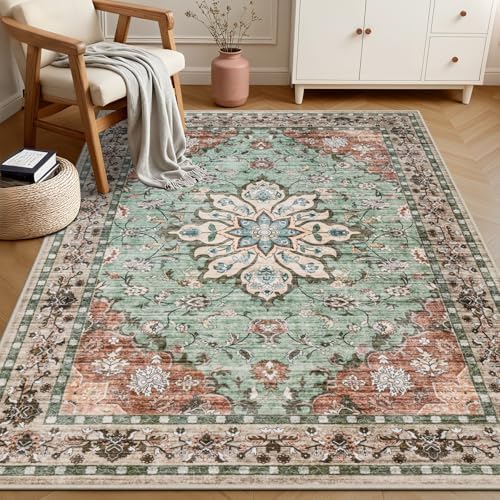 6x9 Area Rugs Living Room: Washable Rug for Bedroom Brown Green - Image 3
