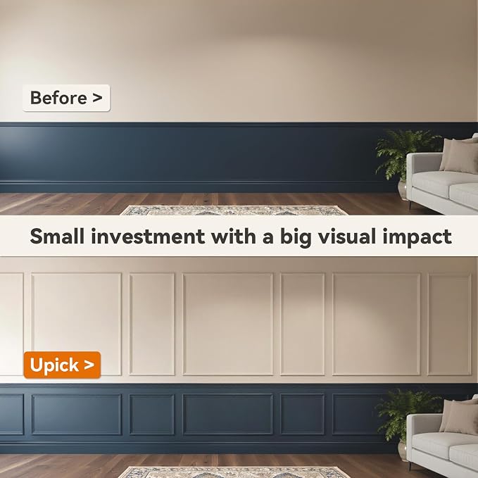 Upick Peel and Stick Wainscoting Pre-Cut Wall Molding Kit, 23"x56", 6-Frame | PS Panels,Moisture Resistant,Pre-Primed,DIY Installation,Accent Walls,Living Room,Hallway,Bathroom,Trim for Walls - Image 7