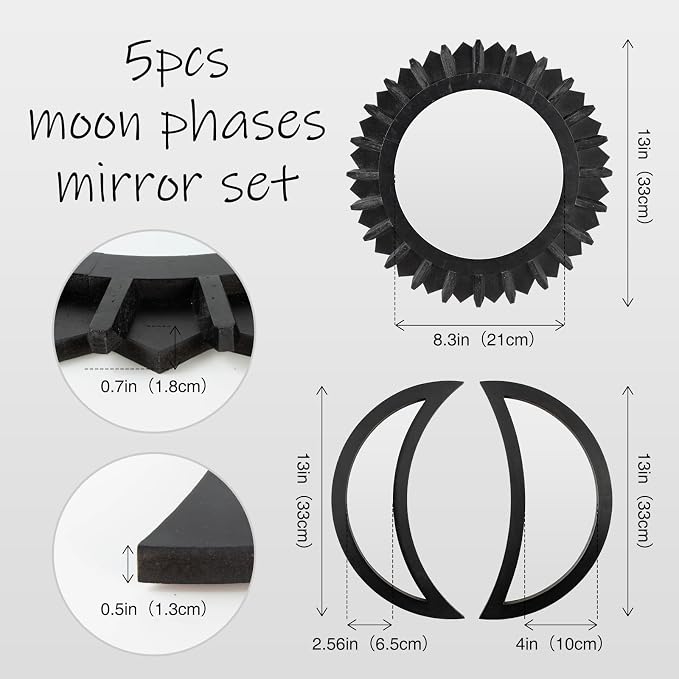 WAKOSAN Moon Phase Wall Mirror Set, 5PCS Wooden and Real Glass Mirrors - Image 2