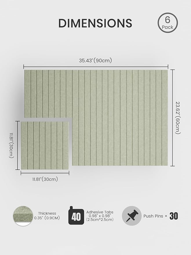 Bumusty 36"x 24" Large Felt Bulletin Board Tiles,Sage | 6-Pack Cork Board Alternative, Wall Decor, 30 Pushpins, 30 Adhesive Tabs, Vision Board, Office, Classroom, Home, Dorm - Image 2