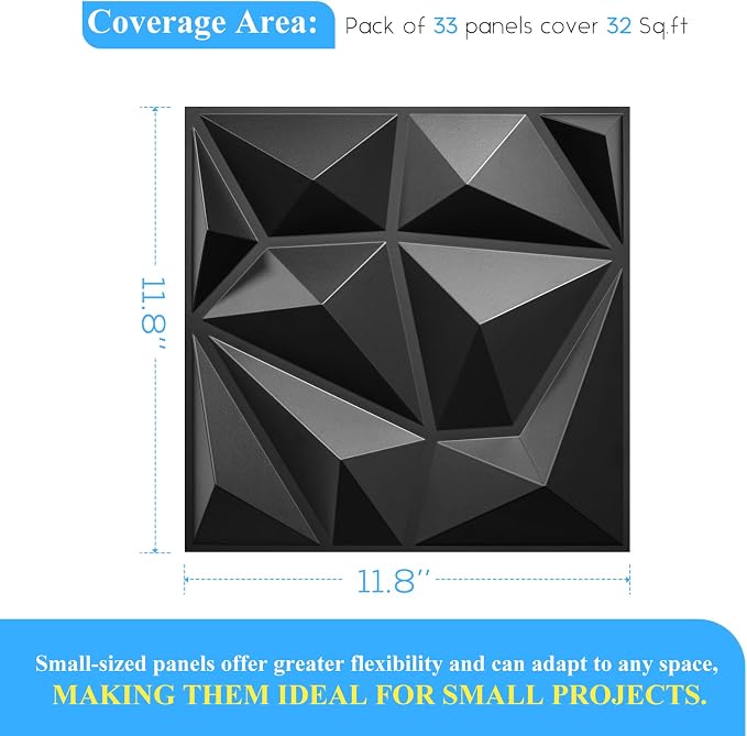 LEVOWAY 33 Pack Decorative 3D Wall Panels for Interior Wall Decor | 12''x12'' Black Diamond Design Accent Wall Panles for Living Room,TV Wall Background,Bedroom - Image 5