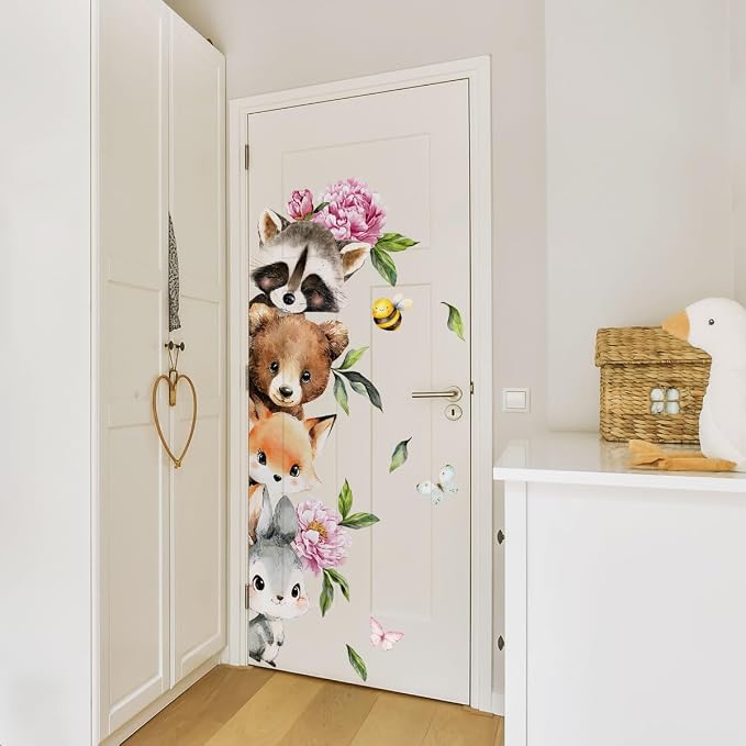 Woodland Animal Peeking Wall Decals, Removable Nursery Jungle Animals Butterflies, Flowers Wall Stickers for Kids, Boys and Girls Room, Bedroom & Toddler Room Door Decor (Animal Door Decals 61) - Image 2