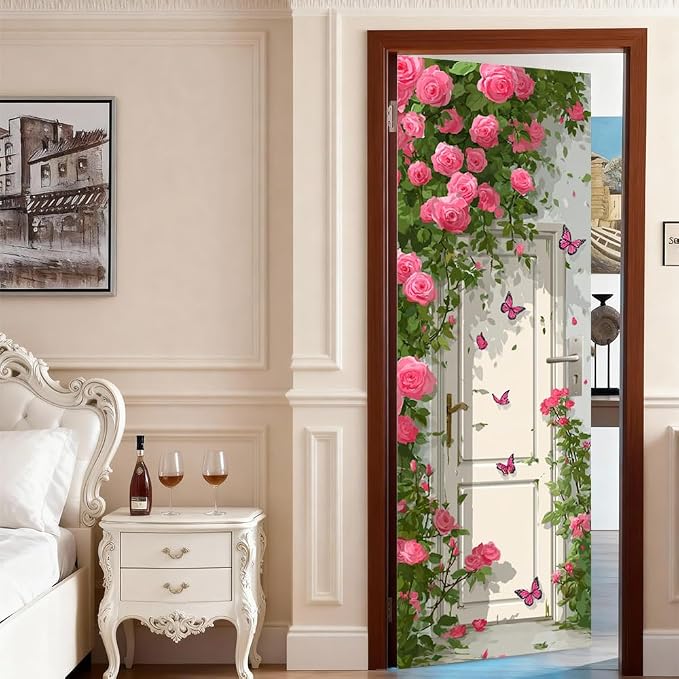 Rose Garden Door Mural, Pink Floral Gate Butterfly Door Cover | Waterproof PVC, 30.3" W x 78.7" L; pink rose garden design for bedroom, entryway, living room or closet doors. - Image 3