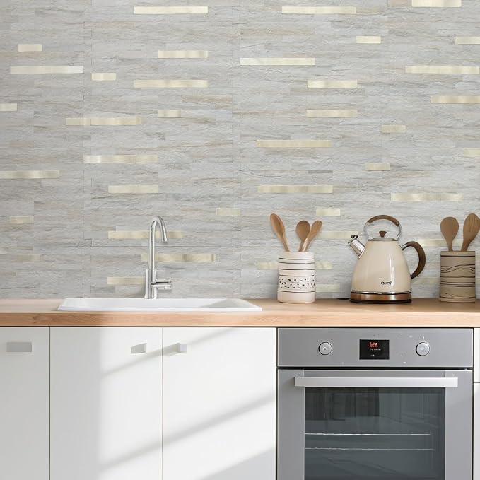 AULIGET 2 Sheets Faux Stone Peel and Stick Backsplash, Beige Marble Look PVC Wall Tile Stick on Backsplash for Kitchen and Bathroom - Image 2