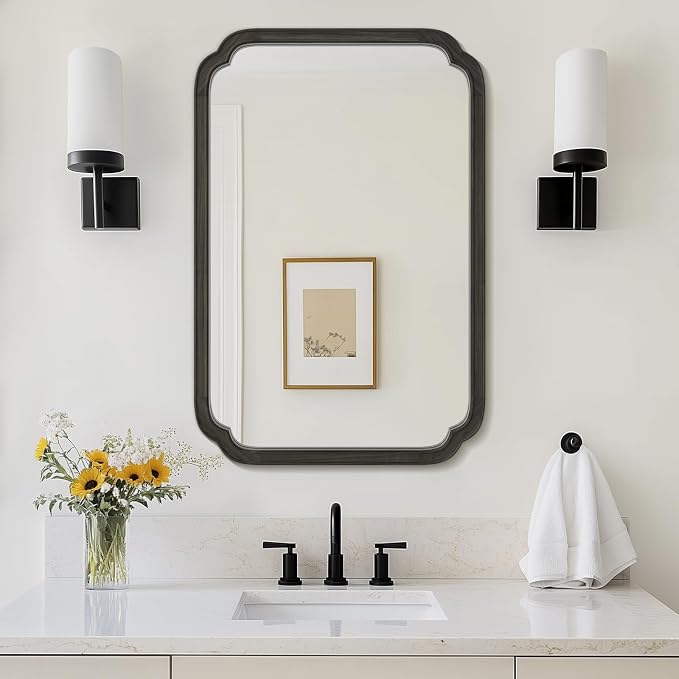 WallBeyond 24" x 36" Rounded Corner Arch Wall Mirror with Wood Frame for Entryway, Living Room or Bedroom Home Decor - Light Woodgrain [24" x 36" Black] by WallBeyond