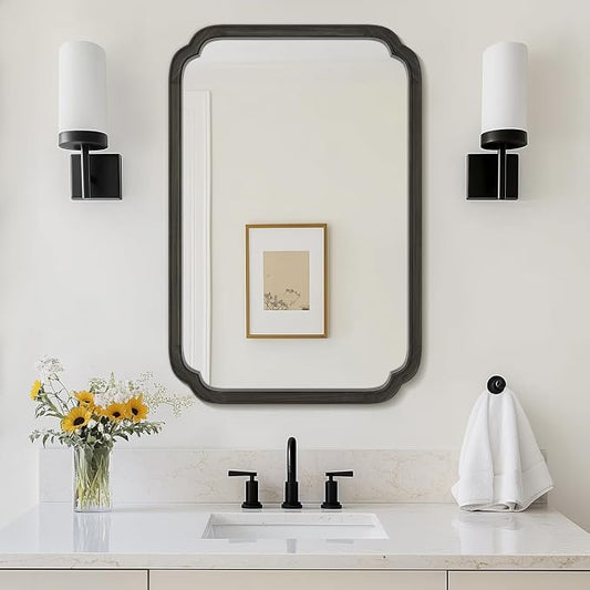 WallBeyond 24" x 36" Rounded Corner Arch Wall Mirror with Wood Frame for Entryway, Living Room or Bedroom Home Decor - Light Woodgrain [24" x 36" Black] by WallBeyond