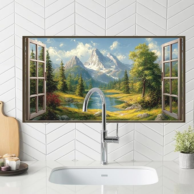 Alpine Mountain View Kitchen Backsplash Peel and Stick, 30x16 in | Oil-painting window view of snow peaks, alpine river and pine forest; flat 2D waterproof peel and stick; wipe clean; 30x16 in - Image 5