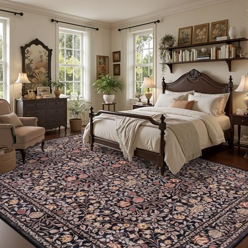 Area Rug 9x12 Living Room: Soft Floral Washable Boho Carpet Brown - Image 3
