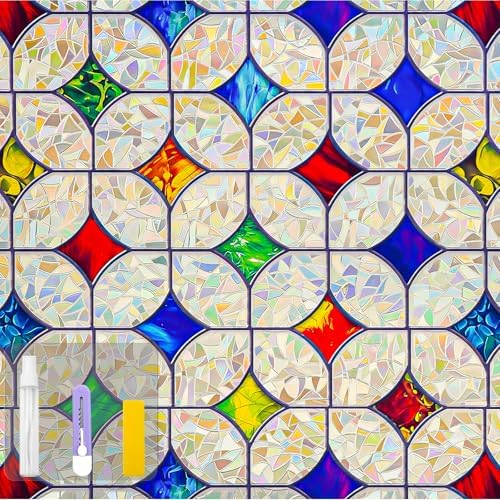 QHY Sunshine Colorful Rainbow Stained Glass Window Film Non-Adhesive Window Privacy Film Reusable Decorative for Room (Rainbow Mosaic, 23.6 x 78.7 in) by QHYsunshine