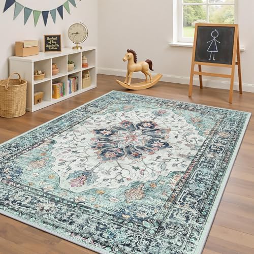 RELEANY Washable Area Rug, 4'x6', Teal Green/White/Navy - Image 4