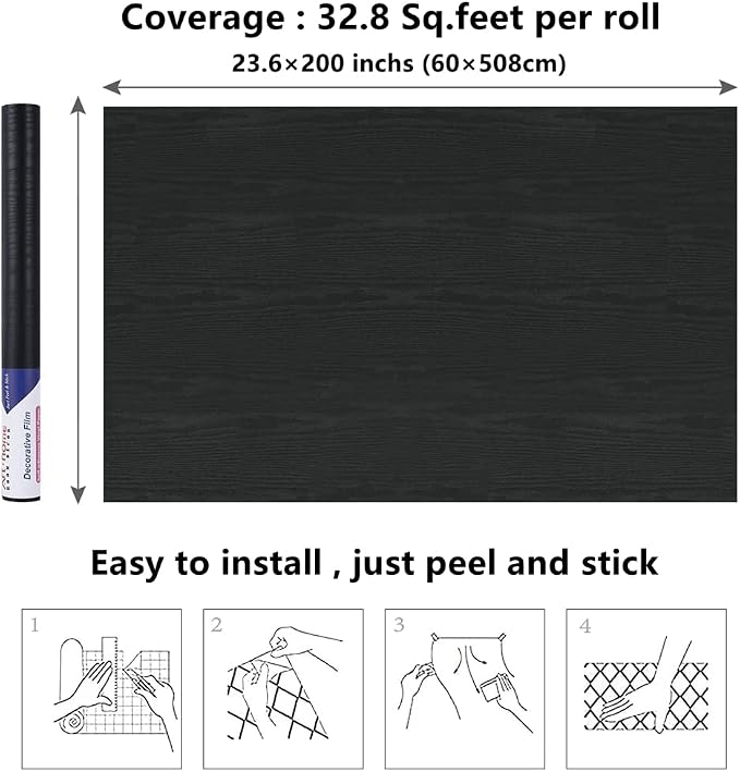 Arthome Peel and Stick Wallpaper - Black Wood Contact - Black Wallpaper - Self-Adhesive & Removable Wall Paper for Countertop Furniture Kitchen, Countertop Contact Paper, Easy to Clean, (23.6"x200") - Image 7