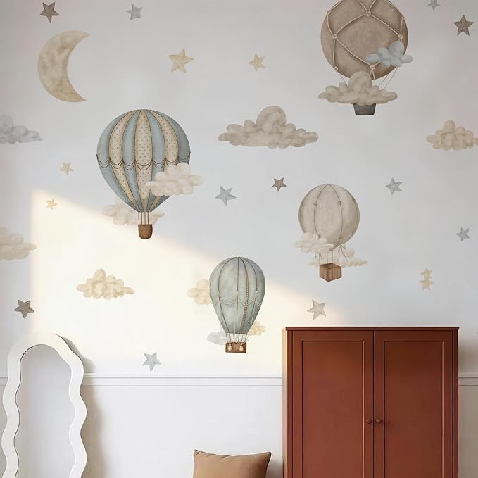 Watercolor Hot Air Balloon Fabric wall Sticker Peel and Stick Stars Clouds Decals for Baby Nursery Kids Bedroom Playroom Decor by Liwo