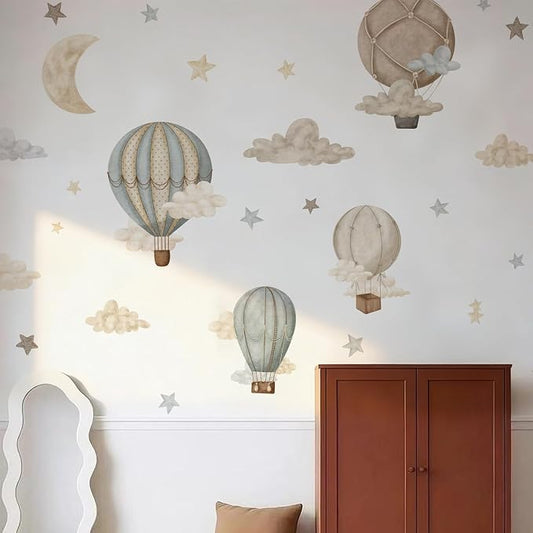 Watercolor Hot Air Balloon Fabric wall Sticker Peel and Stick Stars Clouds Decals for Baby Nursery Kids Bedroom Playroom Decor by Liwo