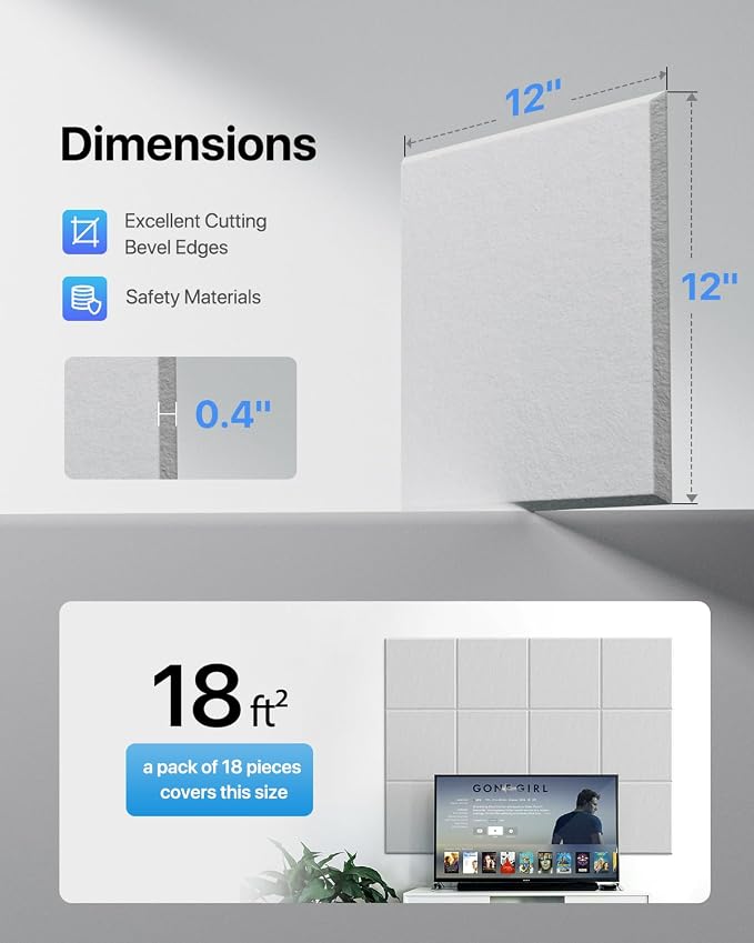 Soundsbay Self-Adhesive Soundproof Wall Panels 18 Pack 12"x12" White | Square Acoustic Panels, 150kg/m³ High Density Covers 18 sq ft, Sound Proof Panels for Walls, Home Office, Bedroom - Image 5