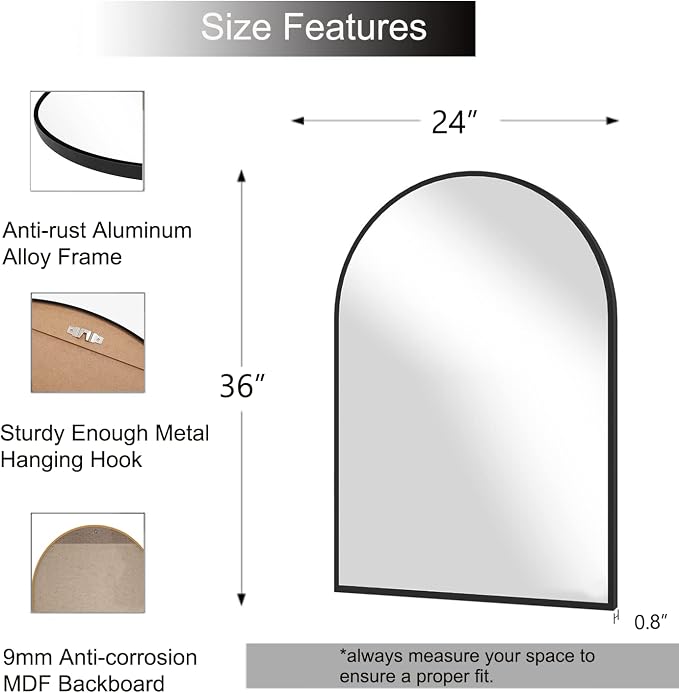 Wall Mounted Mirror, Arched Wall Mirror for Bathroom, 2 Pieces 24"x36" Arch Bathroom Mirror with Metal Frame, Black Vanity Mirror Decor for Mantle, Bedroom, Entryway, Living Room - Image 9