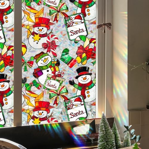Christmas Stained Glass Window Cling Rainbow Tinted Window Film Privacy Stained Glass Window Decal Snowman Bow Candy Cane Windows Decals for Home School Xmas Party Decoration 17x 39.3 Inch - Image 6