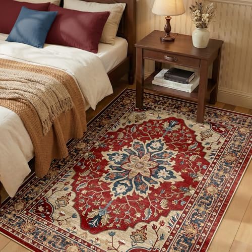 RELEANY Washable Area Rug, 3'x5', Red/Blue by RELEANY