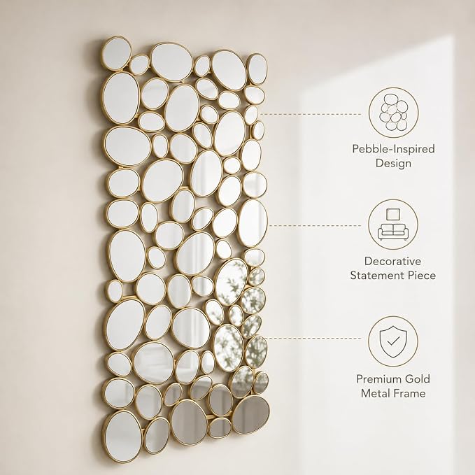 Gold Mosaic Wall Mirror, 27.55" x 55" Large Pebble Geometric Decorative Mirror with 71 Irregular Mirror Pieces, Modern Accent Wall Decor for Living Room, Entryway, Bedroom, Hallway - Image 3
