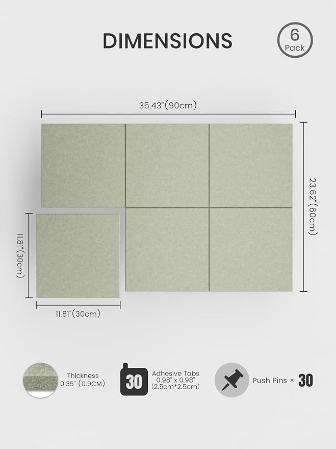 Bumusty 36"x 24" Large Felt Bulletin Board Tiles, Sage | 6-Pack Cork Board Alternative, Wall Decor, 30 Pushpins, 30 Adhesive Tabs, Vision Board, Office, Classroom, Home, Dorm - Image 2