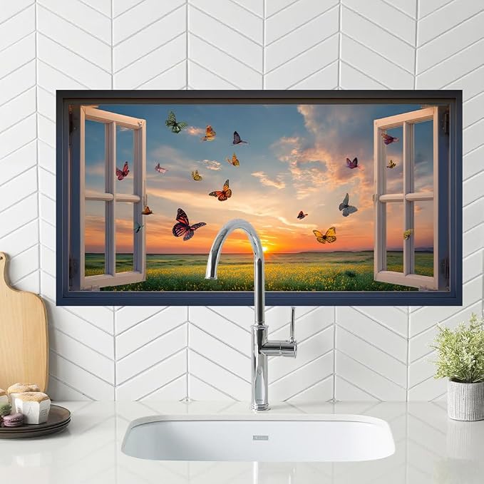 Butterfly Sunset Kitchen Backsplash Peel and Stick, 30x16 in | Colorful butterflies over golden sunset meadow through open window; flat 2D waterproof peel and stick; wipe clean; 30x16 in - Image 5