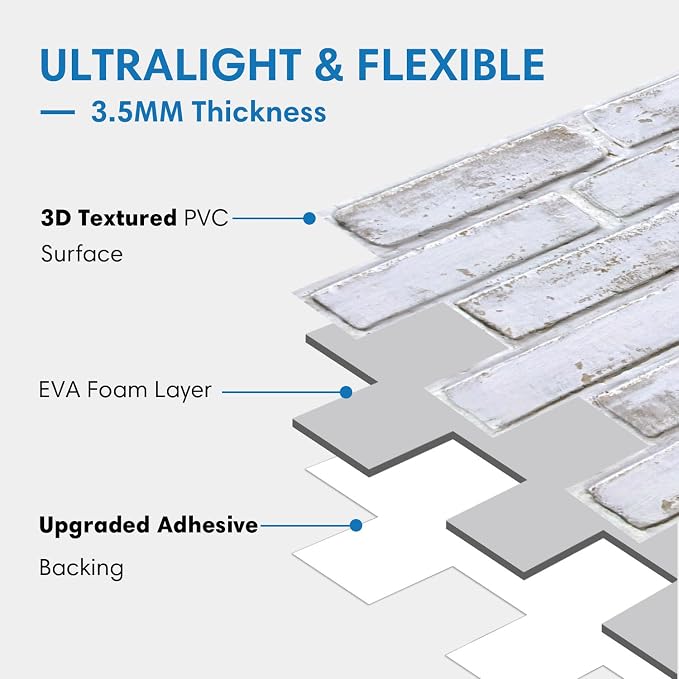 COMSTICKC 3D Faux Brick Wall Panels Peel and Stick, 12 Pcs 22.8" x 11.8" | Whitewash, Not Real Brick, Thin PVC 3D Fake Brick Decorative Tiles Wall Covering for Interior Easy DIY, Cover 22.48 sq ft - Image 4