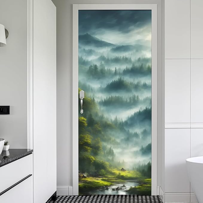 REDAMANCY River Mountain Forest Green Landscape Nature Peel and Stick Door Stickers Vinyl Decals Decor Modern Self-Adhesive, Waterproof, Removable by Unknown