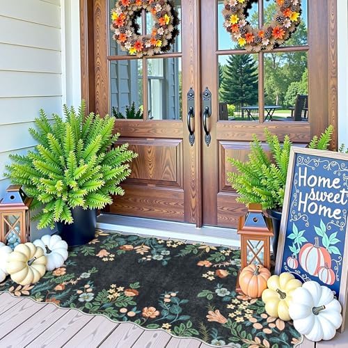 Front Door Mat Indoor Entrance - 2x4.3 Ft Dark Navy Floral Washable Layered Doormat Outdoor Entrance Porch Rug Non-Slip Boho Runner Rug for Kitchen Hallway Bedroom Laundry Room Porch Decor - Image 3