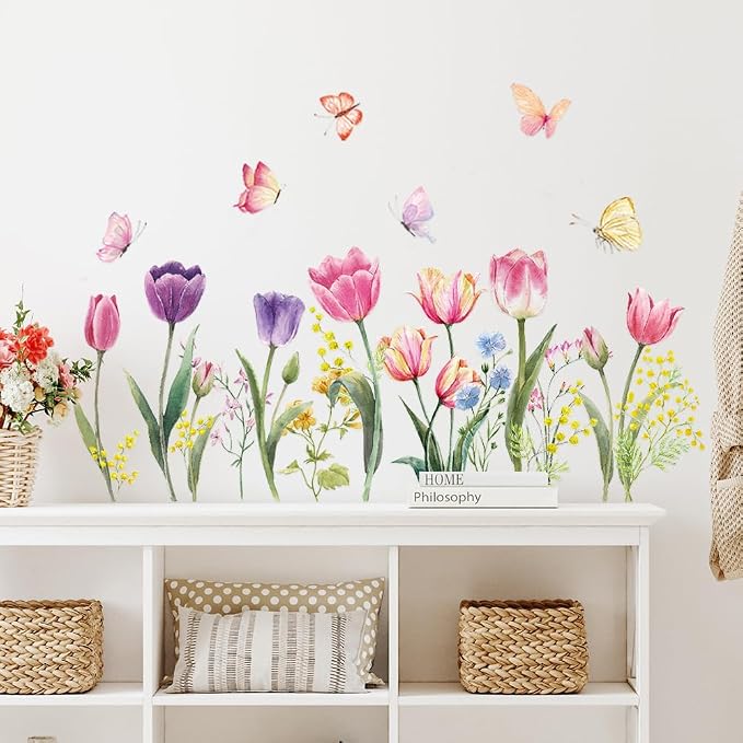 Tulip Flowers Wall Decals Watercolor Floral Butterfly Wall Stickers Colorful Flowers Wall Mural Removable Flower Peel and Stick Wall Art for Girls Bedroom Kids Nursery - Image 5