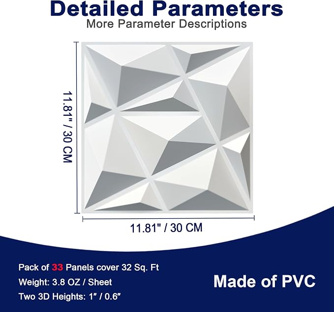 MIX3D 33 Pack 3D Wall Panels, Modern Diamond Textured Design for Interior Wall Decor in Living Room Bedroom Game Room Office Hotel, White, 12'' x 12'' Cover 32 Sq. Ft - Image 3