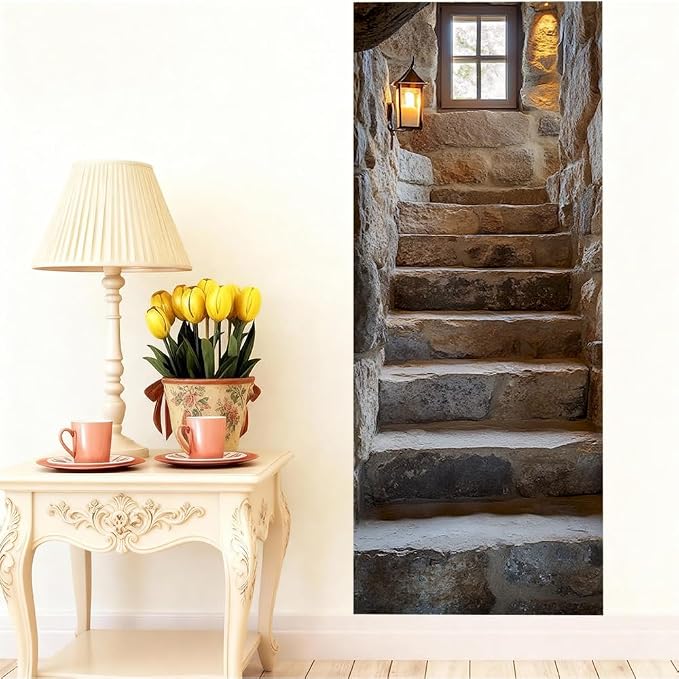 Stone Stairway Door Mural, Rustic Cellar Steps Door Cover | Waterproof PVC, 30.3" W x 78.7" L; rustic stone stair scene for entryway, hallway, office or cellar doors. - Image 4