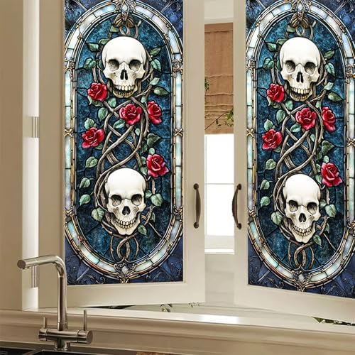 HOMETITUTE Gothic Skull Rose Privacy Window Film Cling 17.7x39.3 PVC by HOMETITUTE
