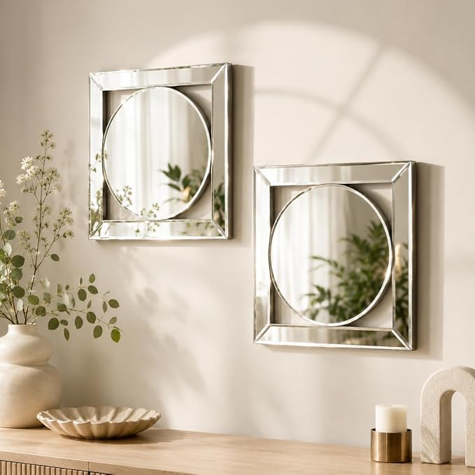 Square Decorative Wall Mirror 12 x 12 Inch, Silver Frameless Mirror Wall Decor with Beveled Edge, Modern Wall Mounted Accent Mirror for Living Room, Bedroom, Hallway, Set of 2 by OPULINEA