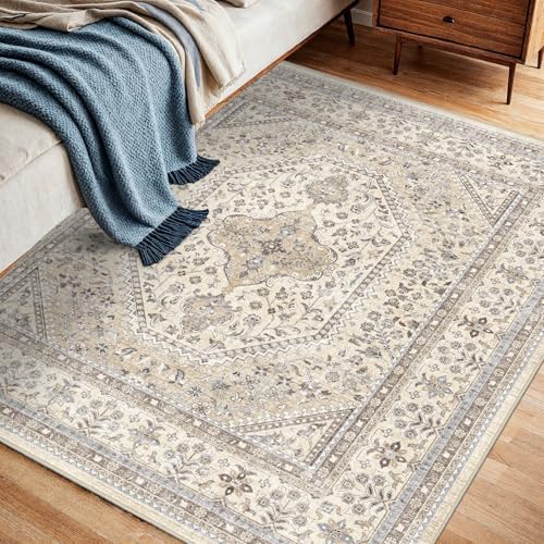 Puino 4x4 Square Washable Area Rug - Non-Slip Vintage Throw Rugs Beige Gray - Image 4