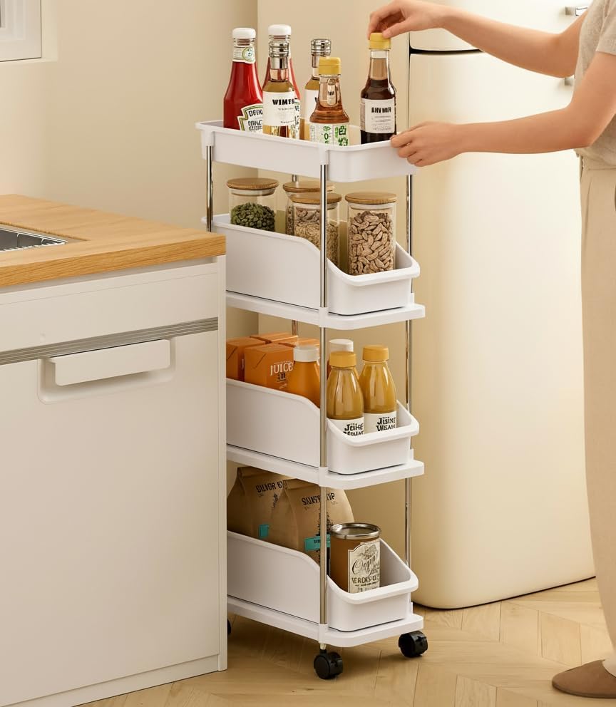 Slim Storage Cart 4 Tier Slim Rolling Utility Cart with Pull-Out Baskets & Wheels for Narrow Space in Kitchen Dining Room Bathroom Laundry Room Cream White (Width 6.3 Inches) - Image 6