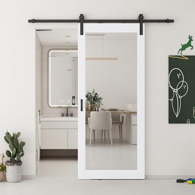 JUBEST 36x80 in Mirror Barn Door and 6.6FT Sliding Door Hardware Kit Included, White Full Length Mirror, Solid Wood Panel Covered with Water-Proof PVC Surface, No Assembly Required by JUBEST