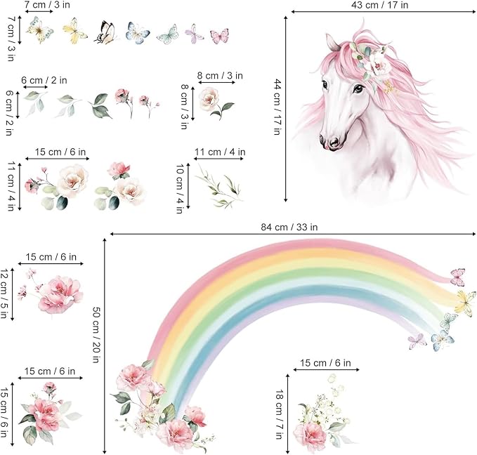 wondever Large Rainbow Wall Decals Horse Flower Wall Stickers | Peel and Stick, Removable, Wall Art Decals, Wall Decoration, Kids Room, Girls Bedroom Baby Nursery Playroom Decor - Image 4