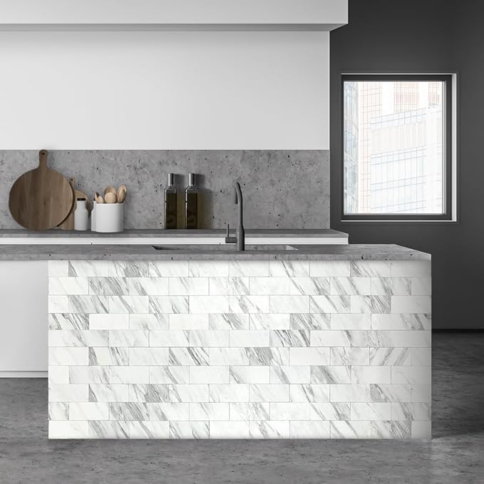AULIGET 100-Piece White Marble Look Peel and Stick Backsplash Wall Tiles, 3" x 6" PVC Faux Stone Stick on Tile for Backsplash Kitchen, Bathroom, Laundry Room, Camper, Fireplace - Image 8