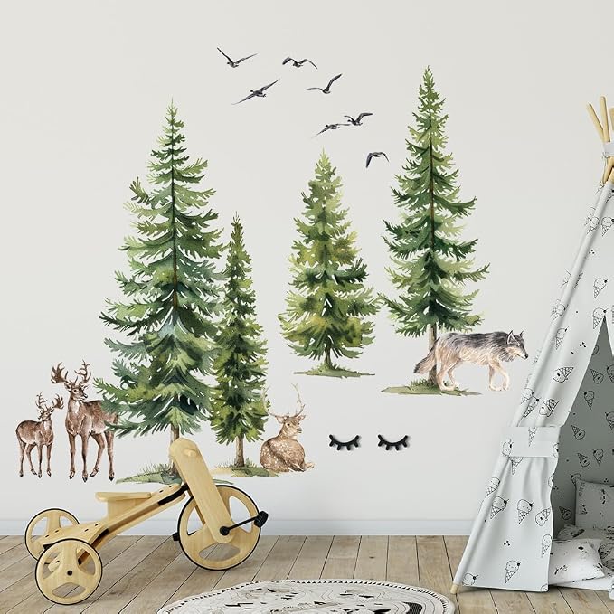 Green Pine Tree Wall Sticker Woodland Animals Wall Decal Peel and Stick Forest Wall Art Mural Deer Wolf Bird Wall Stickers for Bedroom Decor - Image 3