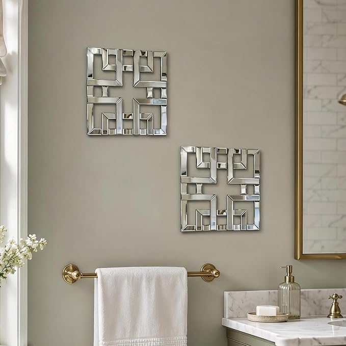 Square Decorative Wall Mirror 12 x 12 Inch, Silver Frameless Mirror Wall Decor with Beveled Edge, Modern Wall Mounted Accent Mirror for Living Room, Bedroom, Hallway, Set of 2 - Image 5