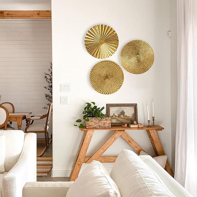 Briful 12" Gold Wall Décor Pack of 3 Metal Starbursts Radial Plate Wall Art Modern Accent Hanging Wall Decorations For Home Office Bedroom Or Living Room Wall Sculptures - Image 5