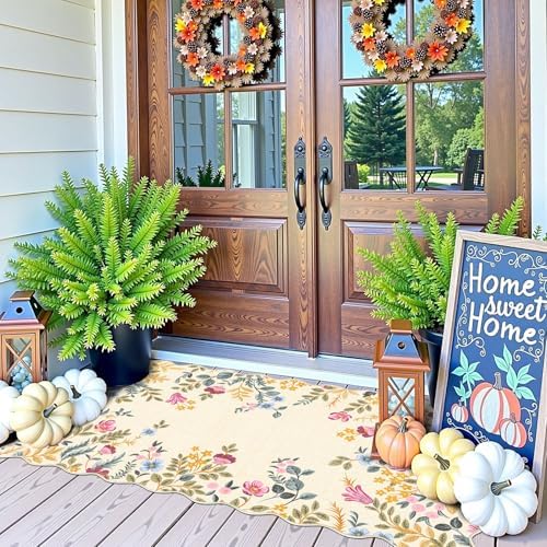 Front Door Mat Indoor Entrance - 2x4.3 Beige Colorful Floral Washable Layered Doormat Outdoor Entrance Porch Rug Non-Slip Boho Runner Rug for Kitchen Hallway Bedroom Laundry Room Porch Decor - Image 4