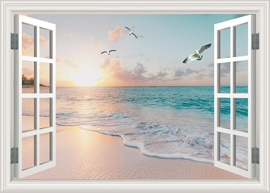 Fake Window Wall Mural Sticker -Summer Sunset Beach Open Wall Art Decal | Faux Window Natural Scenery Landscape Decorations｜Stick and Peel Wall Decals｜Room Bedroom Office Decor｜48"x32"Set of 2 Sheets by Clickhere