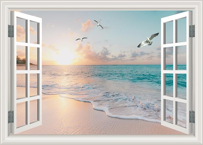 Fake Window Wall Mural Sticker -Summer Sunset Beach Open Wall Art Decal | Faux Window Natural Scenery Landscape Decorations｜Stick and Peel Decals｜for Room Bedroom Office Scene Picture Decor｜24"x16" by Clickhere