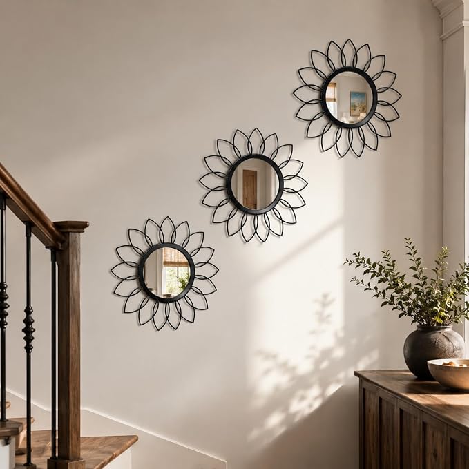 Black Flower Mirror Set of 3, 3PCS Metal Round Decorative Wall Mirrors, Floral Petal Accent Mirror Wall Decor for Living Room, Bedroom, Entryway & Bathroom - Image 6